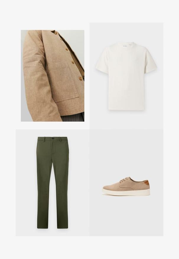 Brun linnejacka med en enkel design, som har en krage, knappar och en patchficka på framsidan. Mjuk textur och skräddarsydd form.; Vit t-shirt med kort ärm i ribbad struktur. Rund halsringning, löst sittande passform, inga synliga mönster eller detaljer. Enkelt och mångsidigt design.; Olivgröna byxor i ett slätt tyg, med rak passform, framfickor och en enkel knäppning med knapp. Minimalistiska design detaljer.; Beige mockasinsneakers med rund tå, snörning fram och texturerad bakaxel. Vit gummisula ger kontrast. Enkelt och modernt design.