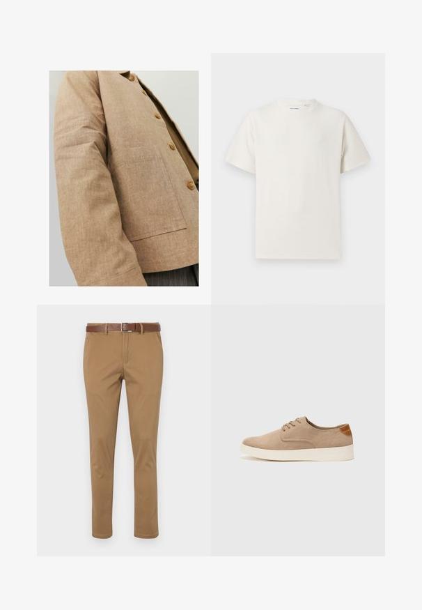 Brūnas linas jaka ar vienkāršu dizainu, kurai ir apkakle, pogas un kabatas uz priekšpuses. Mīksta tekstūra un veidota forma.; Balta krūštura īsām piedurknēm ar ribota auduma faktūru. Apaļš kakla izgriezums, brīvs griezums, bez redzamām rakstām vai akcentiem. Vienkāršs un daudzpusīgs dizains.; Brūni chinos ar tekstūru, kuros ir slīpie sānu kabatas, pogas un rāvējslēdzēja aizdare, kā arī brūns ādas jostas.; Beige zamšādas kedas ar noapaļotu purngala daļu, auklēm saplacinātu priekšpusi un teksturētu aizmugures akcentu. Balta gumijas zole nodrošina kontrastu. Vienkāršs un mūsdienīgs dizains.