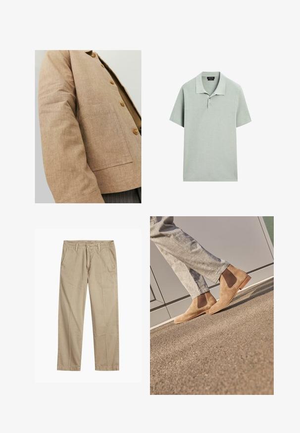 Giacca in lino marrone con un design semplice, caratterizzata da colletto, bottoni e una tasca a patta sul davanti. Texture morbida e forma su misura.; Polo in verde chiaro, maniche corte, tessuto morbido, colletto con tre bottoni, design minimalista, senza motivi visibili.; Chinos beige a gamba dritta con passanti per cintura, chiusura frontale a bottone e zip, e tasche laterali inclinati.; Stivali Chelsea in camoscio marrone con pannelli elastici laterali e una suola in gomma liscia color tan, abbinati a pantaloni grigi chiari su una superficie texturizzata.