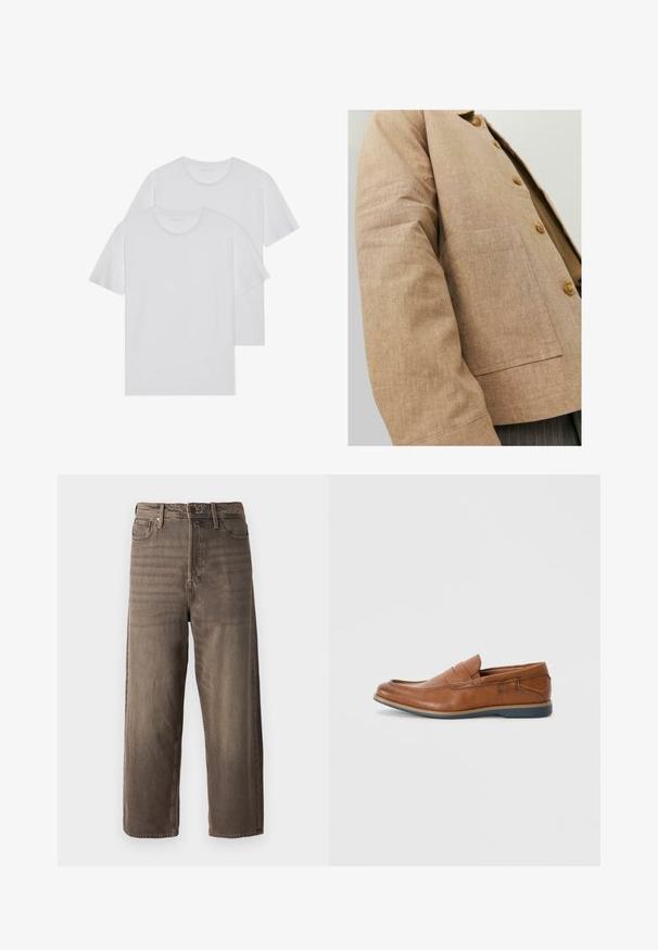 Rjav laneni jopič s preprostim dizajnom, ki vključuje ovratnik, gumbe in žep na sprednji strani. Mehka tekstura in prilagojena oblika.; Dve bele bombažne majice s krožnim ovratnikom, kratkimi rokavi in mehkimi teksturami. Obe sta enobarvni, brez vidnih vzorcev ali dodatkov.; Rjavi široki traper hlače. Imajo zadrgo, zanke za pas in pet žepov. Tkanina ima zbledel in teksturiran videz.; Rjavi usnjeni loafers s okroglo konico, šivi na površini in nizkim gumijastim podplatom. Oblikovanje vključuje pas čez zgornji del.