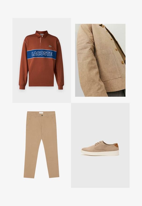 Rudas lininis švarkas su paprastu dizainu, turintis apykaklę, mygtukus ir kišenę šoninėse. Minkšta tekstūra ir pritaikyta forma.; Ilgųjų rankovių polo marškiniai rudi su mėlyna horizontalia juostele, ant kurios yra balti "LACOSTE" užrašai. Su apykakle ir žalia logotipo detale.; Chaki chinos, pagaminti iš medvilnės mišinio, su lygia priekiu, dviem šoninėms kišenėms ir viena nugarine kišene. Lengvas audinys su lygia tekstūra.; Bežiniai zomšiniai sportbačiai su apvaliomis pirštų dalimis, raišteliais priekyje ir tekstūruotu užkulniu. Balta guma suteikia kontrastą. Paprastas ir modernus dizainas.