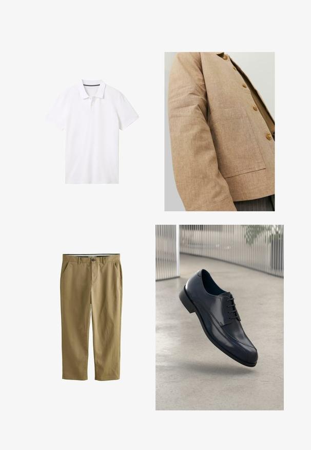 Hnědá lněná bunda s jednoduchým designem, která má límec, knoflíky a náprsní kapsu. Měkká textura a přiléhavý střih.; TOM TAILOR BASIC - Polotričko - white; Khaki chinos vyrobené z bavlněné směsi, se dvěma bočními kapsami, zapínáním na knoflík, rovnými nohavicemi a hladkou texturou.; Lesklá černá kožená společenská obuv s tkaničkami, plovoucí nad hladkým, světle šedým podlahovým povrchem a s vertikálními kovovými pruty v pozadí.