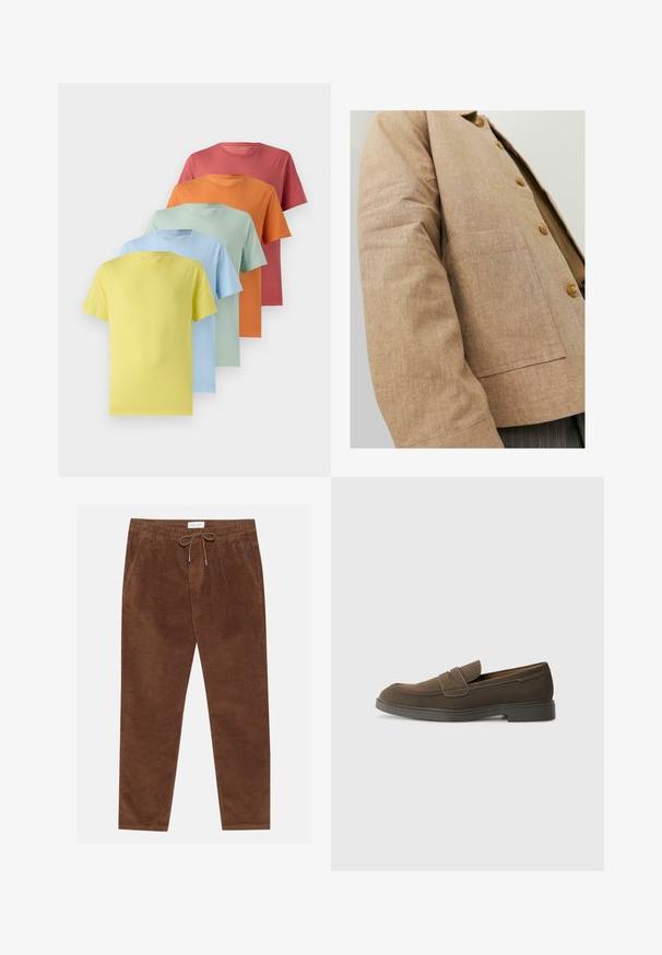 Pruun lina jakk lihtsa disainiga, millel on krae, nupud ja ees nööpauk. Pehme tekstuur ja kohandatud lõige.; Viis lühikeste varrukatega T-särki gradientina: kollane, helesinine, piparmündiroheline, oranž ja korall. Pehme kangas ja ümar kaelusdisain.; Pier One Püksid - brown; Pruunist sametist mokassiini ümarate varvastega, rihmaga vampi üle ja lame kummist tald. Lihtne disain puhta joontega ja minimaalsete detailidega.