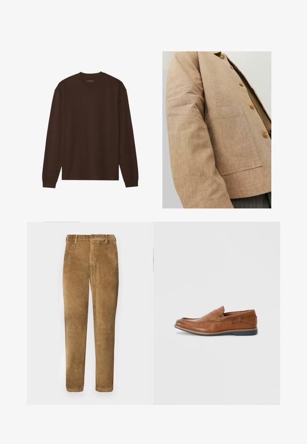Rudas lininis švarkas su paprastu dizainu, turintis apykaklę, mygtukus ir kišenę šoninėse. Minkšta tekstūra ir pritaikyta forma.; Ilga rankovė ruda marškinėliai pagaminti iš minkštos medžiagos, su apvaliu kaklu ir laisvu pjūviu, turinčiu gipiūrinę apykaklę ir apačią. Be grafikų ar raštų.; Rudų aksominių kelnių su vertikaliu raukšlėtu tekstūru, tiesiu kirpimu, sagčių uždarymu ir diržo kilpomis. Lygus audinys su minkštu paviršiumi.; Rudoni odiniai loaf'eriai su apvalia nosimi, siuvinėtomis detalėmis ir žema guminėmis pakulne. Dizainas turi juostą per viršutinę dalį.