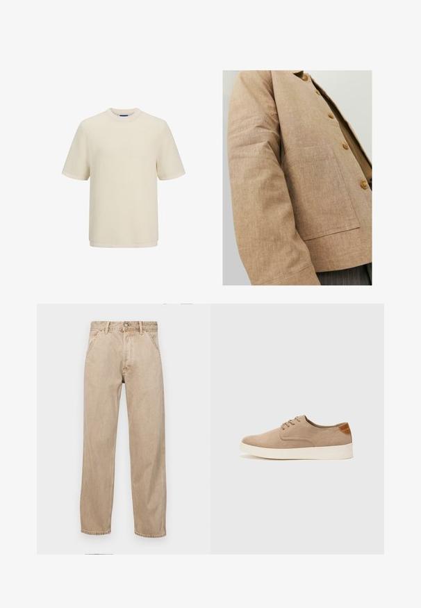 Hnedý ľanový sak s jednoduchým dizajnom, ktorý má golier, gombíky a náprsné vrecko vpredu. Mäkká textúra a prispôsobený strih.; Krémové tričko s krátkym rukávom v textúrovanej pletenej vzorovanej návrhu. Má okrúhly výstrih a rovný lem.; Bežové denimové rifle so strihom rovného nohu, s prednými vreckami, kovovým zapínaním na gombík a jemnou textúrou.; Béžové semišové tenisky s okrúhlou špičkou, šnurovaním vpredu a textúrovaným zadným akcentom. Biela gumová podrážka poskytuje kontrast. Jednoduchý a moderný dizajn.