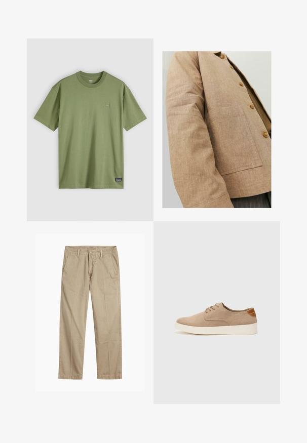 Giacca in lino marrone con un design semplice, caratterizzata da colletto, bottoni e una tasca a patta sul davanti. Texture morbida e forma su misura.; T-shirt di cotone verde oliva con scollo a barca e maniche corte. Presenta un piccolo e discreto logo ricamato sul petto e un'etichetta del marchio tessuta sull'orlo.; Chinos beige a gamba dritta con passanti per cintura, chiusura frontale a bottone e zip, e tasche laterali inclinati.; Sneaker in suede beige con punta arrotondata, stringhe davanti e un accento testurizzato sul retro. La suola in gomma bianca offre un contrasto. Design semplice e moderno.