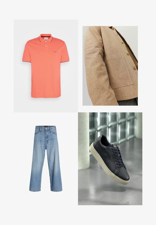 Rjav laneni jopič s preprostim dizajnom, ki vključuje ovratnik, gumbe in žep na sprednji strani. Mehka tekstura in prilagojena oblika.; Koralna polo majica iz bombaža s klasičnim ovratnikom, kratkimi rokavi in mornarsko modrimi detajli na ovratniku in manšetah. GANT logo na prsih.; Svijetloplave traperice širokih nogavica od denima, s visokim strukom, klasičnim dizajnom s pet džepova te kopčanjem na gumbe s patentnim zatvaračem.; Mornarsko modre usnjene teniske s zaobljenim nosom, ravnimi vezalkami in teksturiranim podplatom; vsebujejo logo na jezičku, kontrastiran s kremno obarvanim podplatom.
