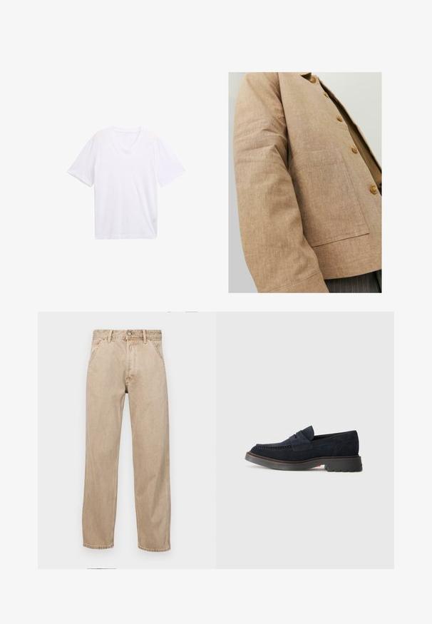 Hnědá lněná bunda s jednoduchým designem, která má límec, knoflíky a náprsní kapsu. Měkká textura a přiléhavý střih.; Bílý tričko s výstřihem do V vyrobené z lehkého bavlněného materiálu. Krátké rukávy a volný střih. Hladký povrch bez grafických vzorů nebo akcentů.; Béžové džíny z denimu se středně širokým střihem, vybavené předními kapsami, kovovým zapínáním na knoflík a jemnou texturou.; Navy modré semišové mokasíny s kulatou špičkou, dekorativním prošíváním a gumovou podrážkou s mírným zvýšením. Odolný materiál a design.