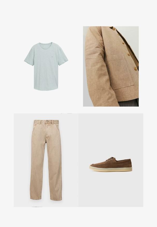 Hnědá lněná bunda s jednoduchým designem, která má límec, knoflíky a náprsní kapsu. Měkká textura a přiléhavý střih.; Světlé šedé tričko s krátkým rukávem a kulatým výstřihem, vyrobené z měkké bavlny, s malou logovou aplikací na levém prsu.; Béžové džíny z denimu se středně širokým střihem, vybavené předními kapsami, kovovým zapínáním na knoflík a jemnou texturou.; Hnědé semišové boty s nízkým profilem, šněrovacím designem, gumovou podrážkou a kontrastními švy. Jednoduchý a funkční styl.