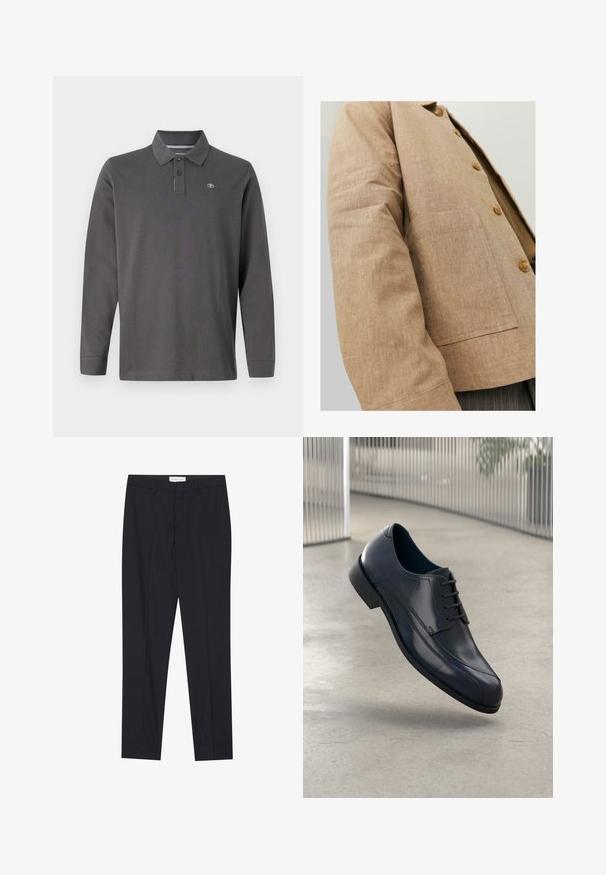 Chaqueta de lino marrón con un diseño sencillo, que presenta un cuello, botones y un bolsillo de parche en la parte frontal. Textura suave y forma ajustada.; Polo de manga larga en algodón gris oscuro, con cuello, tapeta de tres botones y un pequeño logotipo en el lado izquierdo del pecho.; Pantalones negros ajustados con frente plano, corte regular, hechos de tela suave, con pliegues marcados y bolsillos laterales.; Zapato de vestir de cuero negro brillante con cordones, flotando sobre un suelo liso de color gris claro y con barras metálicas verticales en el fondo.