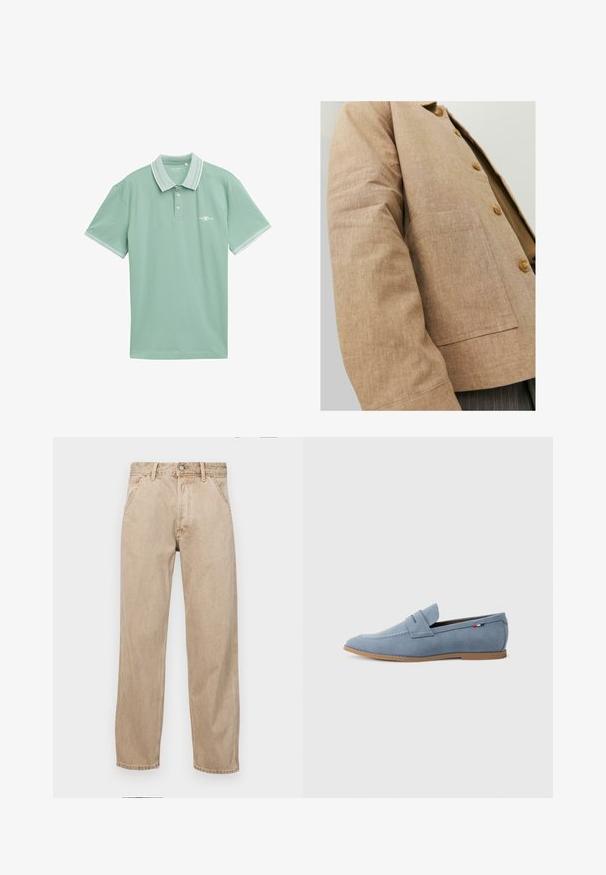 Pruun lina jakk lihtsa disainiga, millel on krae, nupud ja ees nööpauk. Pehme tekstuur ja kohandatud lõige.; Hele roheline polo särk, mis on valmistatud pehmest materjalist, klassikalise kraega, millel on kontrastne valge äär ja väike logo rinnal.; Bežidemini teksased sirgjoonise kujundusega, front pocket'itega, metallist nööbi kinnitusega ja peene tekstuuriga.; Heledad sinine nahklohe mustriga, dekoratiivsete õmblustega ja pruunist kummist tallaga. Omab pealisosale paigutatud sentiava disaini.