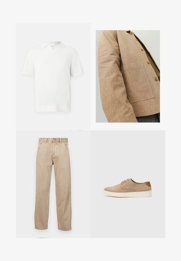 Pruun lina jakk lihtsa disainiga, millel on krae, nupud ja ees nööpauk. Pehme tekstuur ja kohandatud lõige.; Valge lühikeste varrukatega polo särk, millel on tekstuuriga kudumine, V-kaelus ja ribakätised, et saavutada keha lähedane istuvus.; Bežidemini teksased sirgjoonise kujundusega, front pocket'itega, metallist nööbi kinnitusega ja peene tekstuuriga.; Beežid nahast tossud ümarate varvastega, paeltega esiosa ja tekstuuriga tagakontuuriga. Valge kummist tallapakkumine loob kontrasti. Lihtne ja kaasaegne disain.