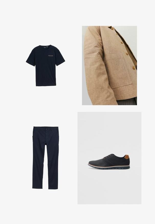 Hnedý ľanový sak s jednoduchým dizajnom, ktorý má golier, gombíky a náprsné vrecko vpredu. Mäkká textúra a prispôsobený strih.; Tmavomodrá bavlnená tričko s okrúhlym výstrihom a krátkymi rukávmi. Na hrudi má malé červené logá s textom. Bežný strih, hladká textúra.; Námořnické modré lehké kalhoty s hladkým povrchem, rovnými nohavicemi, zapínáním na knoflík a bočními kapsami.; Čierne syntetické topánky so štruktúrovaným zvrškom, hladkými akcentmi, hnedým opätkom a kontrastnou podrážkou. Majú minimálne šnurovanie a detaily prešitia.