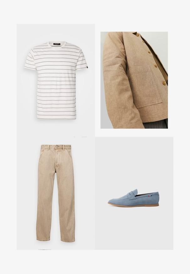 Pruun lina jakk lihtsa disainiga, millel on krae, nupud ja ees nööpauk. Pehme tekstuur ja kohandatud lõige.; Lühikeste varrukatega, ümarakaelusega T-särk valge värviga, millel on vahelduvad hallid triibud. Pehme kangas, tavaline istuvus ja sirge alläärega. Brändi silt küljes.; Bežidemini teksased sirgjoonise kujundusega, front pocket'itega, metallist nööbi kinnitusega ja peene tekstuuriga.; Heledad sinine nahklohe mustriga, dekoratiivsete õmblustega ja pruunist kummist tallaga. Omab pealisosale paigutatud sentiava disaini.