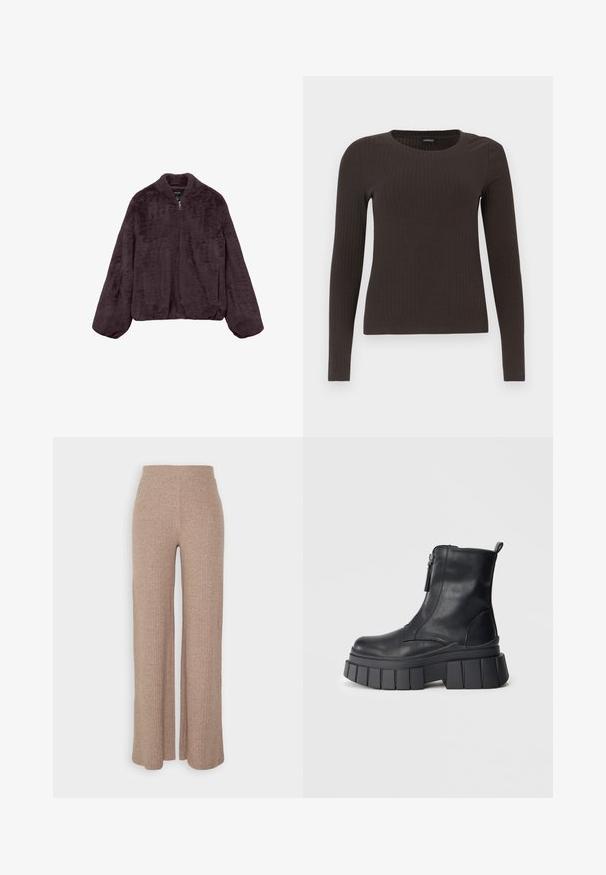 Temno vijolična faux krznena jakna z zadrgo in dolgimi, ohlapnimi rokavi ter elastičnim robom, prikazana na beli podlagi.; Rjav, dolgosleeve rebrasti zgornji del s krožnim izrezom. Narejen iz gladkega, raztegljivega materiala, z oprijetim silhuetom in minimalnimi detajli.; Bež ribane hlače širokega kroja z visokim pasom in mehkimi vlakni, ki imajo ohlapen kroj in brez vidnih zapnalk.; Črne usnjene gležnarske čevlje z masivnim rebrastim podplatom in stranskim zadrgo, prikazane na nevtralni sivi podlagi.