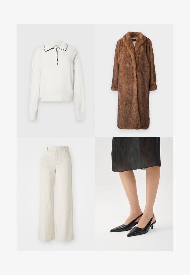 Pruun faux karvane mantel, millel on pehme ja tekstureeritud pind. Mantel on varustatud šaalikaeluse ja avatava esitusega, ulatudes põlve pikkusesse ning pikkade varrukatega.; Valge kudumisse sokk, millel on musta äärega krae, nuppudega püstine ja soonikkoes varrukate ning alläärega, et anda vormitud välimus.; Laiad püksid helesbežis värvitoonis, valmistatud siledast kangast. Omavad klassikalist vööd ja siledat fronti puhaste joontega.; Mustad, terava nina ja läikiva viimistlusega slingback kontsad, millel on kitsas konts ja avatud selg. Ülemine materjal on tekstuuriga.