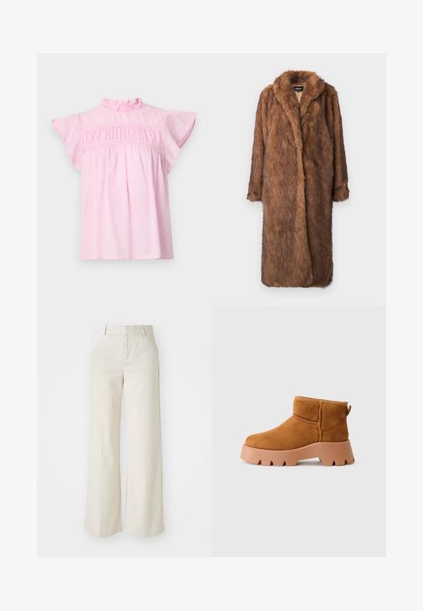 Casaco de pelúcia castanho com uma superfície texturizada e peluda. Apresenta um colarinho tipo xale e um design de frente aberta, com comprimento até aos joelhos e mangas longas.; Blusa de algodão rosa com decote franzido, mangas soltas e corpo pregueado com acabamento de renda decorativa. Textura de pequenos pontos sutis.; Calças largas numa cor bege clara, feitas de um tecido suave. Apresentam uma cintura clássica e parte da frente lisa com linhas limpas.; Botas de tornozelo em camurça bege com biqueira arredondada, sola texturizada castanha e laço de puxar. Apresenta uma costura costurada e um design de plataforma robusta.