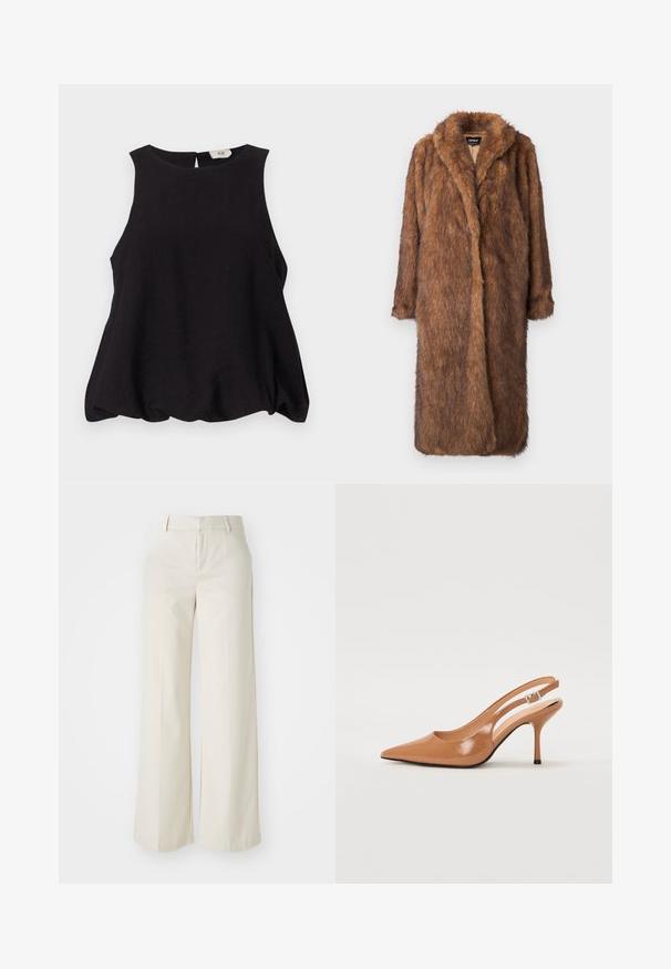 Brūns mākslīgās kažokādas mētelis ar mīkstu, teksturētu virsmu. Tam ir šalla apkakle un atvērta priekšpuse, garums līdz ceļgaliem un garas piedurknes.; Melna bezpiedurkņu blūze ar apaļu kakla izgriezumu, brīvu piegriezumu un strukturētu audumu. Satur mazu atvērumu aizmugurē un bez redzamām detaļām.; Platas kājās bikses gaisā bežā krāsā, izgatavotas no gludas auduma. Iezīmē klasisku jostasvietu un plakanu priekšpusi ar tīrām līnijām.; Izteikts pirksta siksnas zābaks, izgatavots no gludas, spīdīgas brūnas materiāla. Piedāvā izliekta izgriezuma dizainu un smalku stiletto papēdi. Sudraba sprādze.