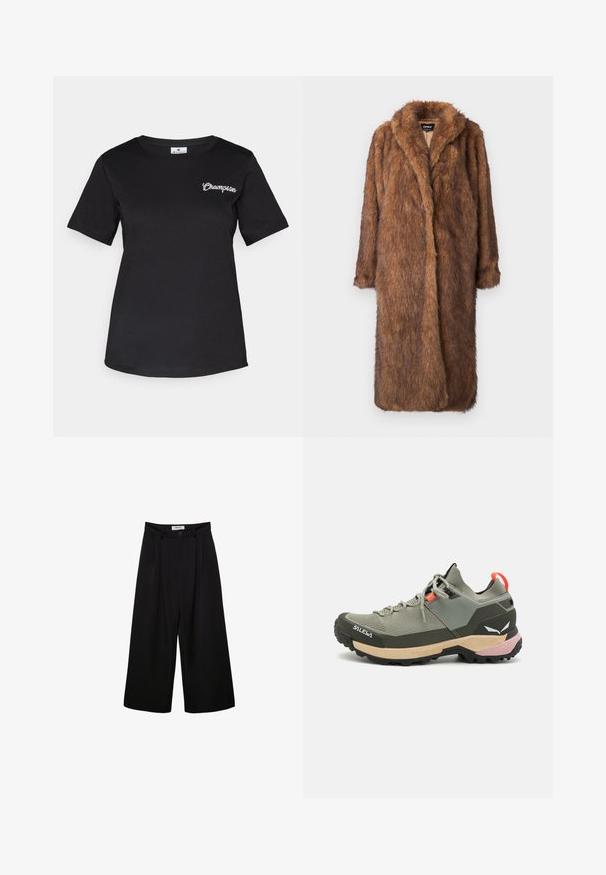 Ruskea tekoturkki takki, jossa on pehmoinen ja teksturoitu pinta. Takissa on kaulustaulukkohame ja avoin etuosa, joka ulottuu polveen saakka ja siinä on pitkät hihat.; Musta lyhythihainen t-paita, joka on valmistettu puuvillasta. Tässä paidassa on pieni valkoinen "Champion"-logo brodeerattuna vasemmassa rinnassa. Klassinen malli.; Mustat leveät housut, joissa on korkeavyötärö, poimutettu etuosa ja nappisulku. Valmistettu sileästä kankaasta, jossa on räätälöity muotoilu.; Kevyt vihreä vaelluskengä, joka on valmistettu verkko- ja kumimateriaaleista, musta pitoalusta, vaaleanpunaiset ja oranssit yksityiskohdat sekä vahvistettu varvastoppa.