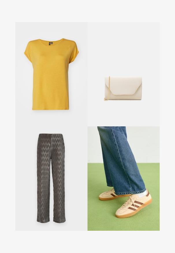 Cappotto in ecopelliccia marrone con superficie morbida e testurizzata. Presenta un colletto a scialle e un'apertura frontale, arrivando all'altezza del ginocchio con maniche lunghe.; Vero Moda VMAVA PLAIN - T-shirt basic - golden spice; Pantaloni larghi plissettati grigi con un motivo testurizzato a forma di diamante. Materiale morbido, vita elastica e lunghezza cropped.; Sneakers beige con pannelli texturizzati crema e strisce marroni, abbinati a jeans in denim blu. I jeans hanno un taglio largo e orlo sfilacciato.; Borsa a pochette beige con una texture liscia, tracolla in catena dorata e un flap in stile busta con una bordatura dorata a contrasto.