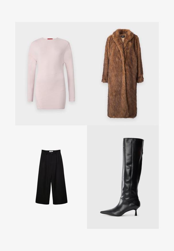 Ruskea tekoturkki takki, jossa on pehmoinen ja teksturoitu pinta. Takissa on kaulustaulukkohame ja avoin etuosa, joka ulottuu polveen saakka ja siinä on pitkät hihat.; Vaaleanpunainen pitkähihainen toppi, jossa on pyöreä kaula-aukko, vinot sauman yksityiskohdat ja sileä pinta.; Mustat leveät housut, joissa on korkeavyötärö, poimutettu etuosa ja nappisulku. Valmistettu sileästä kankaasta, jossa on räätälöity muotoilu.; Mustat nahkasaappaat polvipituisina, joissa on terävä kärki ja kapea kaareva korko. Suora pinta, tiukka muotoilu eikä näkyvää hardwarea tai kuvioita.