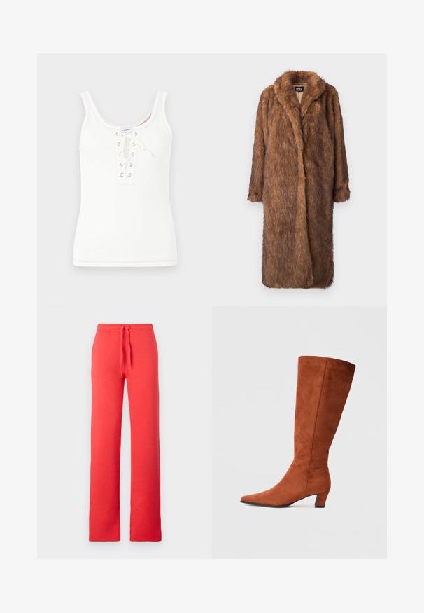 Pruun faux karvane mantel, millel on pehme ja tekstureeritud pind. Mantel on varustatud šaalikaeluse ja avatava esitusega, ulatudes põlve pikkusesse ning pikkade varrukatega.; Valge ribadega särk, millel on pitsiga esiosa metallist silmadega ja ümmargune kaelus, lõpetatud kontrastsete õmbluse detailidega.; Punased dressipüksid, mis on valmistatud pehmest kangast, omavad nööriga vöökohta, sirgeid jalgu ning ei sisalda taskuid ega lisamustreid.; Prune nahkasaapad kuni põlveni, terava toe ja väikese plokknõelaga, millel on sile tekstuur ja minimalistik kujundus.