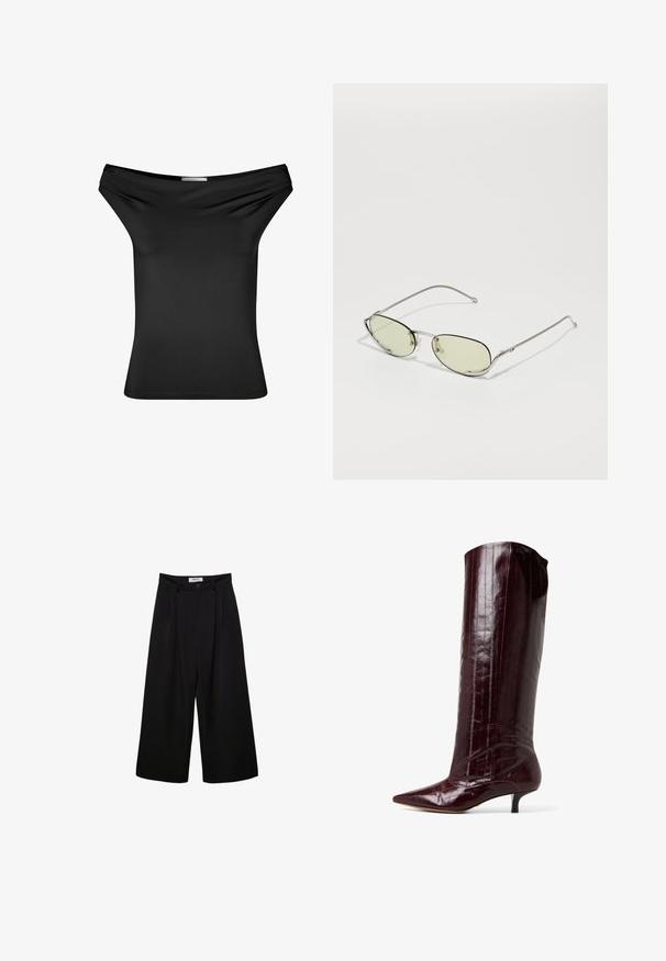 Cappotto in ecopelliccia marrone con superficie morbida e testurizzata. Presenta un colletto a scialle e un'apertura frontale, arrivando all'altezza del ginocchio con maniche lunghe.; Top nero scollato realizzato in tessuto elasticizzato e liscio. Design aderente con scollatura drappeggiata, maniche corte e orlo dritto.; Pantaloni neri a gamba larga con vita alta, fronte pieghettato e chiusura con bottone. Realizzati in tessuto morbido con un design sartoriale.; Stivale borgogna al ginocchio in materiale verniciato lucido. Presenta una punta affusolata e un tacco kitten con dettagli a righe verticali sulla gamba.; Occhiali da sole a forma di gatto con sottile montatura in metallo argentato e lenti verde chiaro. Presentano un design elegante, hardware ridotto al minimo e aste curve.; Borsa a spalla in pelle lucida marrone scuro con parte superiore arricciata e tracolla sottile regolabile, caratterizzata da un piccolo dettaglio di chiusura in tonalità argento sul davanti.