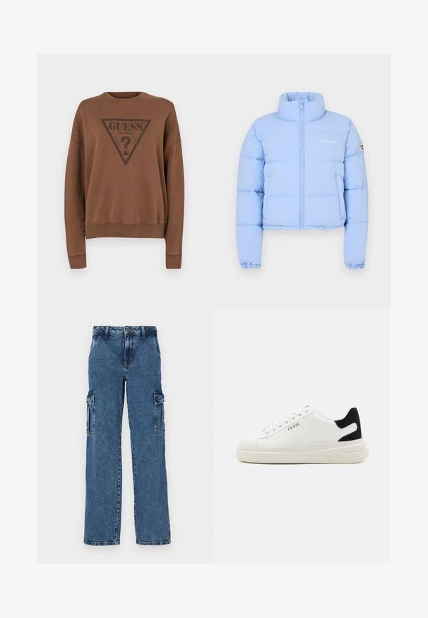 Svijetloplava skraćena puffer jakna s visokim ovratnikom, prednjim zatvaračem, kvadratnom teksturom i izvezenim logotipom na prsima.; Smeđi dukserica s okruglim izrezom, s velikim crnim trokutaškim logotipom i natpisom "GUESS? ORIGINALS" u središtu te rebrastim rukavima.; Plave traperice cargo s opuštenim krojem, koje imaju dva bočna džepa, ojačane šavove i ravni kroj nogavica.; Bijele kožne tenisice s debelim bijelim potplatom, crnim zamšastim akcentom na peti i ugraviranim logom sa strane. Dizajn s vezicama i šest rupa za vezivanje.