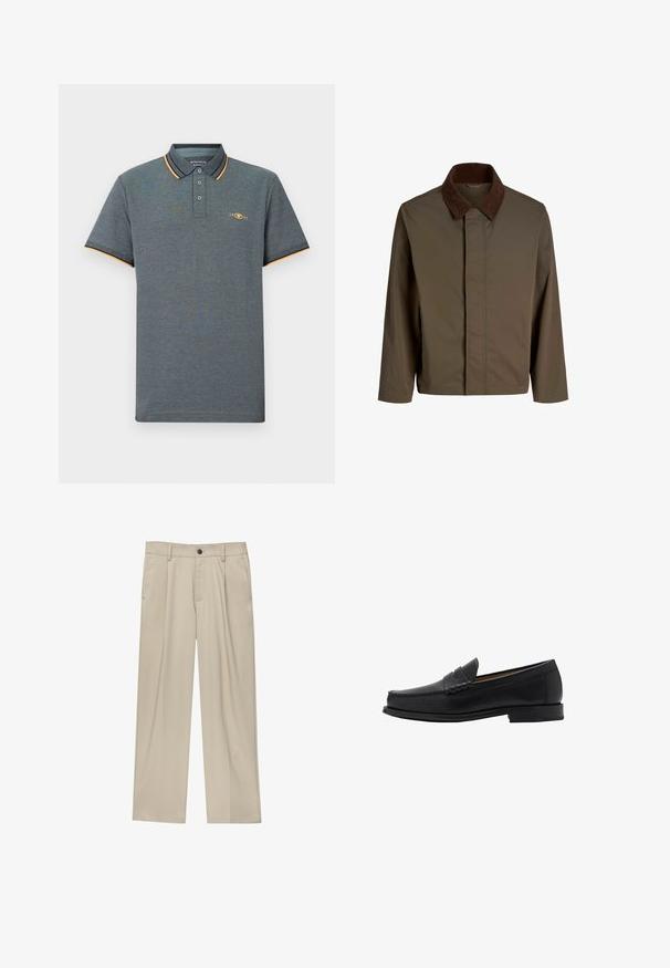 Hnědá látková bunda s tmavohnědým kordovým límcem, s přímým střihem, dlouhými rukávy a předním zapínáním bez viditelného kování.; Světle béžový vlněný svetr s kulatým výstřihem a žebrovanými manžetami. Má texturovanou tkaninu a kontrastní tmavě modrou vnitřní límec.; Šedé polo tričko s texturovanou látkou, s tříknoflíkovou légou, s nádechem světle modré a oranžové na límci a malým logem na hrudi.; Béžové kalhoty klasického střihu, se jedním černým knoflíkem, poutky na opasek a bočními kapsami. Hladká textilie a minimalistický design.; Mango Elegantní nazouvací boty - black