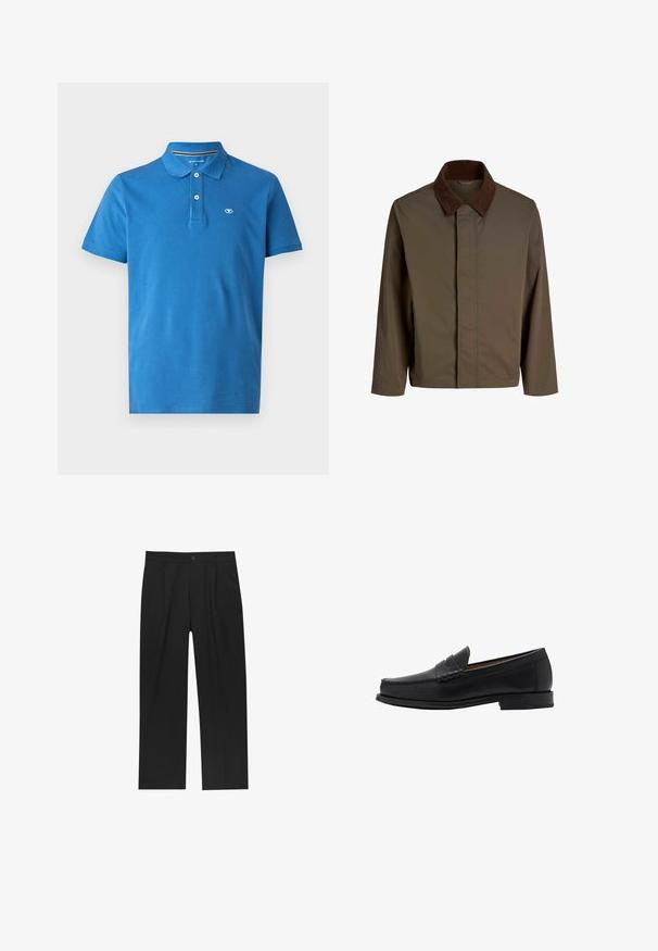 Hnědá látková bunda s tmavohnědým kordovým límcem, s přímým střihem, dlouhými rukávy a předním zapínáním bez viditelného kování.; Světle béžový vlněný svetr s kulatým výstřihem a žebrovanými manžetami. Má texturovanou tkaninu a kontrastní tmavě modrou vnitřní límec.; Modrá polo košile vyrobená z bavlny, s límečkem, dvouknoflíkovou légu, krátkými rukávy a malým logem na hrudi.; Černé kalhoty s rovnými nohavicemi, vyrobené z hladké tkaniny. Mají přední záhyby a jedno knoflíkové zapínání v pase.; Mango Elegantní nazouvací boty - black