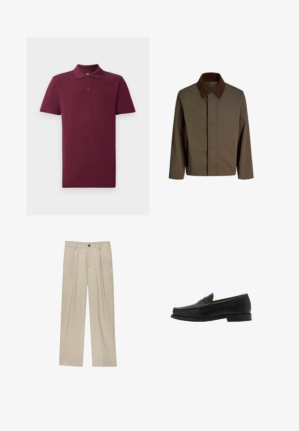 Giacca di stoffa marrone con colletto in corduroy marrone scuro, caratterizzata da un taglio dritto, maniche lunghe e una chiusura frontale senza hardware visibile.; Pullover in lana beige chiaro con scollatura rotonda e polsini a costine. Presenta un tessuto testurizzato e un colletto interno blu scuro a contrasto.; Polo shirt corto bordeaux in cotone, con colletto classico, patta con due bottoni e polsini a costina. Tessuto morbido.; Pantaloni beige a taglio dritto, con un solo bottone nero, passanti per la cintura e tasche laterali. Tessuto dalla texture liscia e design minimale.; Mango Mocassini eleganti - black