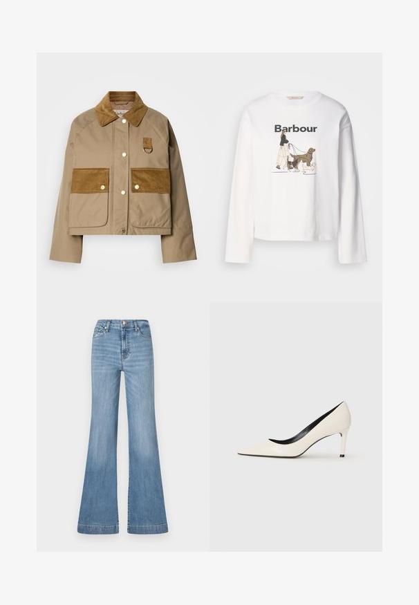 Veste tan avec col en velours côtelé et poches. Comprend des boutons en laiton et un détail en boucle. Texture lisse avec des accents de tissu contrastants.; T-shirt blanc à manches longues présentant un graphique d'une personne promenant trois chiens, avec "Barbour" imprimé en noir au-dessus.; Jean flare bleu clair en denim, avec une taille haute, des poches avant et un ourlet légèrement décoloré pour un effet texturé.; Pompe à talon haut en cuir verni blanc avec un bout pointu, un talon fin et des détails intérieurs noirs. Texture lisse et design épuré.