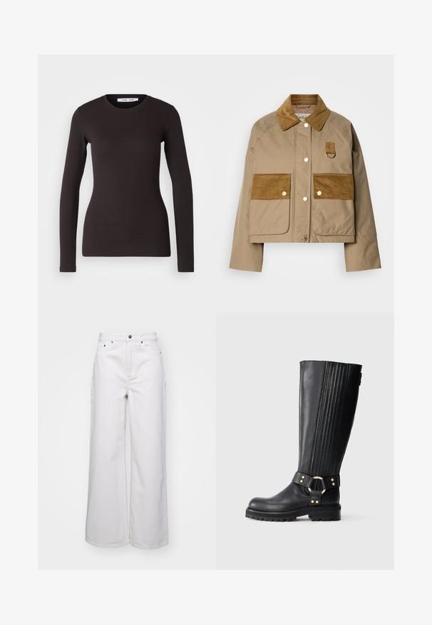 Hnědá bunda s kordrovým límcem a kapsami. Obsahuje mosazné knoflíky a smyčku jako detail. Hladká textura s kontrastními tkaninovými akcenty.; Černý top s dlouhými rukávy vyrobený z měkké, elastické látky. Má kulatý výstřih a úzký střih s hladkým povrchem a bez viditelných vzorů.; Široké bílé džíny vyrobené z pevného denimu, s vysokým pasem, pětibodovým designem a kovovým zapínáním. Hladká textura.; Černá kožená vysoká bota po kolena s elastickými pruhy, robustní podrážkou a dekoračním páskem se zlatým kovovým kroužkem a nýty.