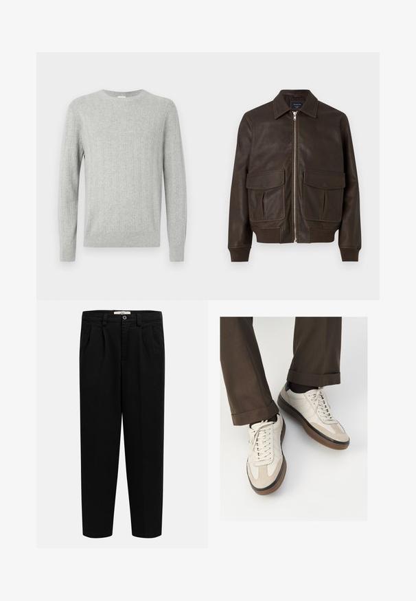 Casaque bomber de pele castanha com fecho frontal, duas grandes bolsos de aba, punhos e cintura canelados, apresentada sobre fundo branco.; Suéter de malha cinza claro com textura canelada, gola redonda e mangas longas. Design simples, com bainha reta e material durável.; Calças pretas de cintura alta, de perna reta, com passantes para cinto, pregas frontais, bolsos laterais e fecho de botão na cintura.; Tênis bege com frente em camurça texturizada, lados em couro liso e sola em borracha marrom. Inclui cadarços e detalhes de costura clara.