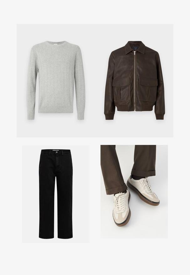 Barna bőr bombázódzseki elülső cipzárral, két nagy hajtókás zsebbel, bordázott mandzsettákkal és derékrésszel, fehér háttér előtt bemutatva.; Világosszürke, kötött pulóver bordás textúrával, kerek nyakkivágással és hosszú ujjakkal. Egyszerű dizájn, egyenes szegéllyel és tartós anyagból készült.; Fekete farmernadrág egyenes szabással, klasszikus öt zsebes kialakítással és gombos derékkal. Simább textúra és tartós anyag.; Beige sportcipők, texturált velúr elülső résszel, sima bőr oldalakkal és barna gumitalppal. Fűzők és világos varrási részletek is megtalálhatók.