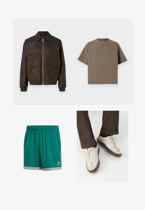 Hnědá kožená bombardérka s předním zipem, dvěma velkými klopovými kapsami, vroubkovanými manžetami a pasem, vystavená na bílém pozadí.; Hnědé tričko s krátkým rukávem vyrobené z měkké látky s kulatým výstřihem. Má volný střih a jednoduché detaily na lemu.; Zelené síťované sportovní šortky s elastickým pasem. Mají šedé akcenty na lemu a malé bílé logo Adidas na přední spodní části.; Béžové tenisky s texturovanou semišovou špičkou, hladkými koženými boky a hnědou gumovou podrážkou. Na šněrování a lehkém prošití je detail.
