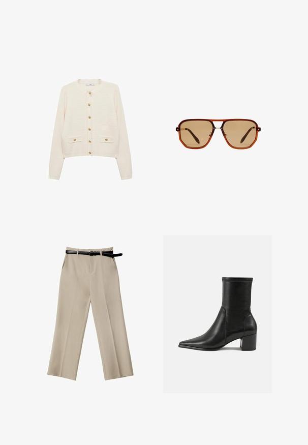 Lang, kamelfarvet frakke i blødt stof med bælte i taljen, brede reverser og to frontlommer. Glat tekstur og skræddersyet design.; Mango Cardigan - off-white; Beige tanktop lavet af glat stof, med tynde stropper og et enkelt, fitted design med en ren udskæring og uden mønstre.; Beige bredde benbukser med en glat tekstur, forlommer og et sort læderbælte. Skræddersyet design med skarpe folder.; Sorte ankelstøvler lavet af glat læder, med spids tå, en blokhæl og markant hævet syning ved den øverste kant.; Brune oktagonale solbriller med en gennemsigtig amber-ramme og brune tonede linser. Har et metalaccent ved næsestykket og slanke stængler.