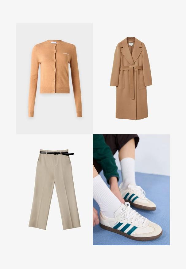 Pitkä, camel-värinen takki pehmeästä kankaasta, beltoitetulla vyötäröllä, leveillä läpillä ja kahdella etutaskulla. Liukas pinta ja muotoiltu malli.; Kaftan värvitud kardigan, nööpide kujundus, pikad varrukad, soonilised mansetid ja äär, pehme tekstuur, rinnas on tikitud "2ND DAY".; Beige toppi, joka on valmistettu sileästä kankaasta, jossa on ohuet nauhat ja yksinkertainen, istuva malli, puhtaalla kaula-aukolla ja ilman kuvioita.; Beige leveled-housut, joissa on sileä pinta, etutaskut ja musta nahkavyö. Muotoiltu malli, jossa on terävät taitteet.; Valkoiset urheilukengät, joissa on teal-väriset raidat, teksturoitu päällinen ja ruskeat kumipohjat. Yhdistetty valkoisten raidoitettujen sukkien kanssa.