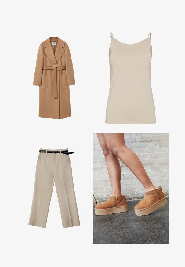 Lang, kamelfarvet frakke i blødt stof med bælte i taljen, brede reverser og to frontlommer. Glat tekstur og skræddersyet design.; Beige tanktop lavet af glat stof, med tynde stropper og et enkelt, fitted design med en ren udskæring og uden mønstre.; Beige bredde benbukser med en glat tekstur, forlommer og et sort læderbælte. Skræddersyet design med skarpe folder.; Brune ruskinds ankelsko med en blød foring, tyk beige plattformsål og en bageste løkke. Tekstureret overflade med synlige sømdetaljer.