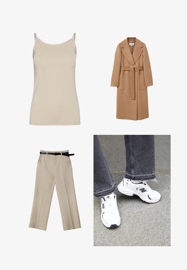 Dugi kaput boje kamila od mekog materijala s pojasom u struku, širokim reverima i dva prednja džepa. Glatka tekstura i kroj.; Bež majica bez rukava izrađena od glatkog materijala, s tankim naramenicama i jednostavnim, prilagođenim dizajnom s čistim izrezom i bez uzoraka.; Bež hlače širokih nogavica s glatkom teksturom, prednjim džepovima i crnim kožnim remenom. Krojen dizajn s oštrim pregibima.; Bijele New Balance tenisice imaju gornji dio od mrežice i sintetičkog materijala s crnim detaljima. Nošene su s poderanim sivim trapericama na teksturiranoj površini.
