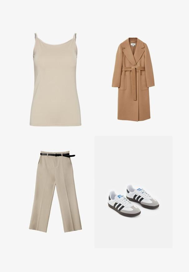 Dugi kaput boje kamila od mekog materijala s pojasom u struku, širokim reverima i dva prednja džepa. Glatka tekstura i kroj.; Bež majica bez rukava izrađena od glatkog materijala, s tankim naramenicama i jednostavnim, prilagođenim dizajnom s čistim izrezom i bez uzoraka.; Bež hlače širokih nogavica s glatkom teksturom, prednjim džepovima i crnim kožnim remenom. Krojen dizajn s oštrim pregibima.; Sportske cipele s gornjištem od bijele kože, sivi suedinasti nos i tri crne pruge. Imaju plavi logo na jeziku i teksturiranu gumenu podlogu.