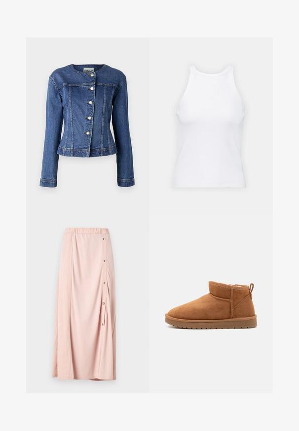 Giubbotto di jeans di colore blu scuro, con scollatura rotonda, maniche lunghe, chiusura a cinque bottoni e leggero sfilacciamento all'orlo.; Top senza maniche bianco realizzato in tessuto a coste, caratterizzato da un collo arrotondato e una silhouette aderente, con cuciture minime e senza decorazioni.; Gonna maxi rosa con vita elasticizzata, dotata di un'apertura laterale con bottoni e di un tessuto morbido e liscio. Design leggero e fluido.; Call it Spring JAMIELEE - Stivali da neve - camel