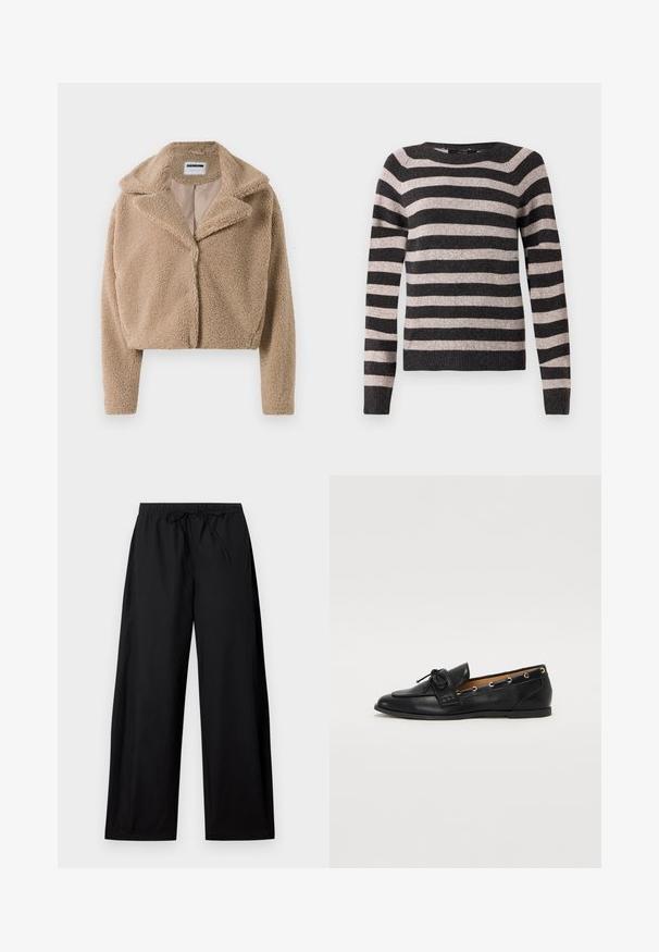Jachetă din polar bej scurtă, cu guler tăiat, mâneci lungi și o suprafață moale, texturată. Captuseala interioară izolată este vizibilă.; Pulover cu dungi negre și bej, guler rotund, mâneci lungi, margine ribbed, textură moale, cu dungi orizontale spaced uniform.; Pantaloni negri, cu picioare largi, prevăzuți cu un talie elastică și șnur. Realizați dintr-un material ușor, cu o textură netedă și un design simplu.; Mocasini din piele neagră cu fundiță legată, având accente aurii sub formă de ochiuri pe laterale și o talpă plată din cauciuc. Textură netedă, design clasic.