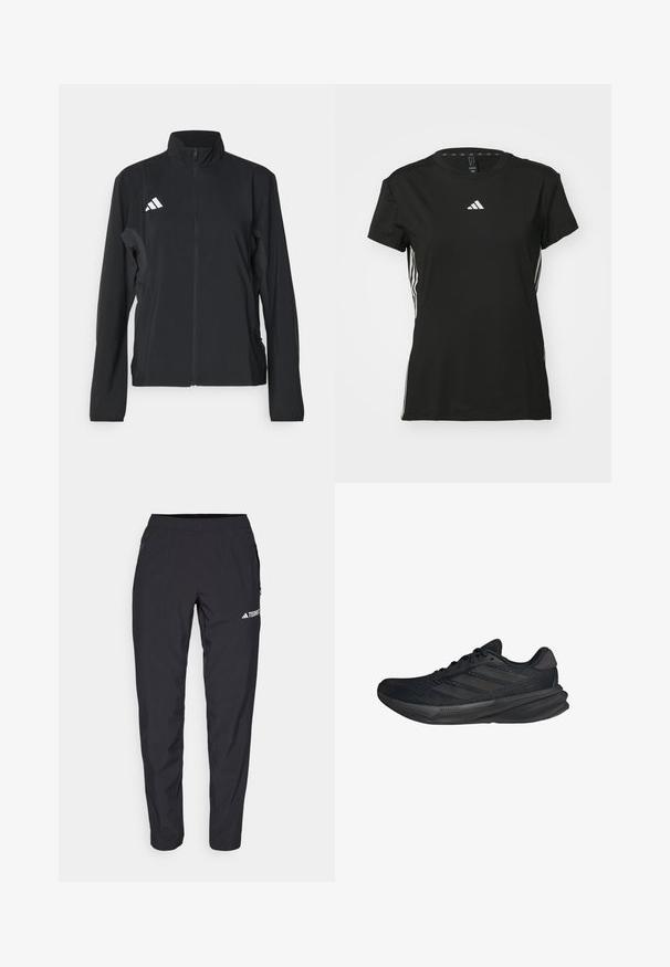 Black athletic jacket with long sleeves, a stand collar, full front zipper, and white Adidas logo on the left chest. Smooth, lightweight fabric.; Black athletic t-shirt with short sleeves, made of synthetic material. Features a small white logo on the chest and white stripes on the sides.; Black athletic pants made from lightweight, stretchy material with an elastic waistband and side zip pockets. Features white logo on thigh.; Black athletic shoes with a mesh upper, streamlined shape, flat sole, and three diagonal stripes on the side. Lightweight design for comfort.