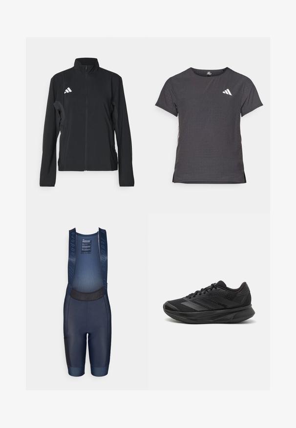 Zwarte sportjacket met lange mouwen, een opstaande kraag, volledige ritssluiting aan de voorkant en het witte Adidas-logo op de linkerborst. Soepele, lichte stof.; Korte mouwen sport t-shirt, donkergrijs met geperforeerde textuur. Bevat een wit logo en contrasterende zijstrepen. Ronde halslijn.; Marineblauwe fietsbibshorts van rekbaar materiaal, met een gevoerde zit, een bovenkant van mesh en zwarte accenten op de benen en zijvakken.; Zwarte hardloopschoen met een ademende mesh bovenkant, ronde neus, slank ontwerp, textuuraccenten en een gevoerde zool voor comfort.