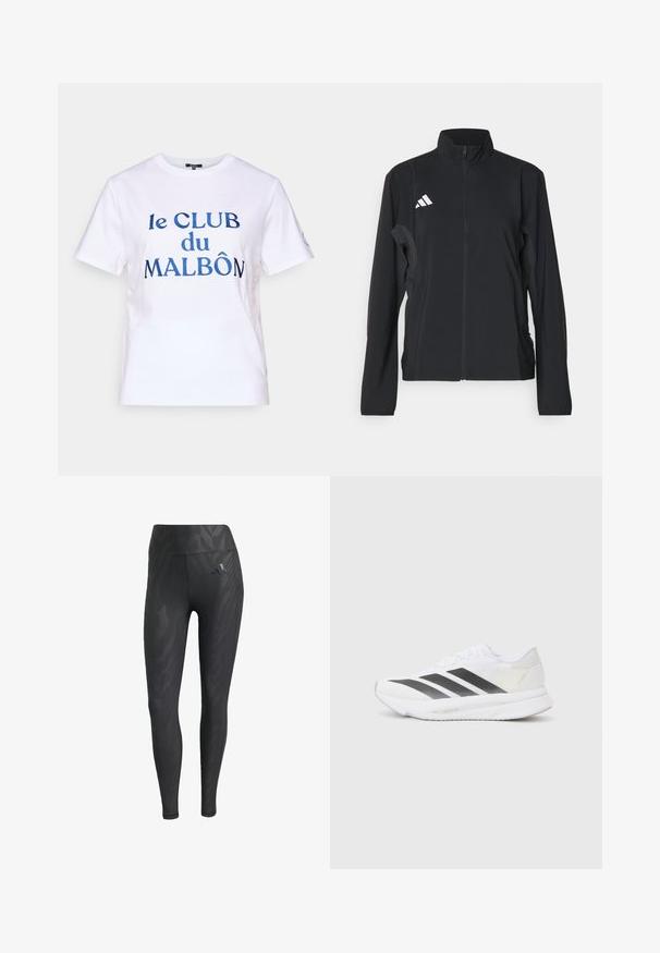 Must musternokaga mustriga, püstise kraega, täispika tõmblukuga must spordijope ja vasakul rinnal valge Adidas'i logo. Sile ja kerge kangas.; Valge puuvillane t-särk lühikeste varrukatega. Sinise tikandiga tekst "le CLUB du MALBÔN." Klassikaline ümmargune kaelus.; Must mustad mustreid musteega, kõrge talje, sile tekstuur ja Adidas logo vasakul puusal. Valmistatud venivast kangast.; Valged sportlikud jalanõud mustade diagonaalsete triipudega, võrkkattega, ümarate varvastega ja tekstuurse tallaga. Aktsentideks on hõbedane kand ja minimalistlik disain.