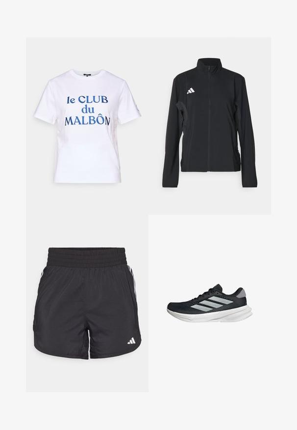 Sort atletisk jakke med lange ærmer, ståkrave, fuld frontlynlås og hvid Adidas-logo på venstre bryst. Glat, let stof.; Hvid bomulds t-shirt med korte ærmer. Fokuserer på blå broderet tekst "le CLUB du MALBÔN." Klassisk crew neck design.; Sorte atletiske shorts med elastisk talje, sidelommer og hvid stribeaccent på siderne. Fremstillet af letvægtsmateriale.; Sort løbesko med mesh-overdel, tre sølvstriber, hvid mellemsål og struktureret ydersål. Har polstret krave og snørelukning.