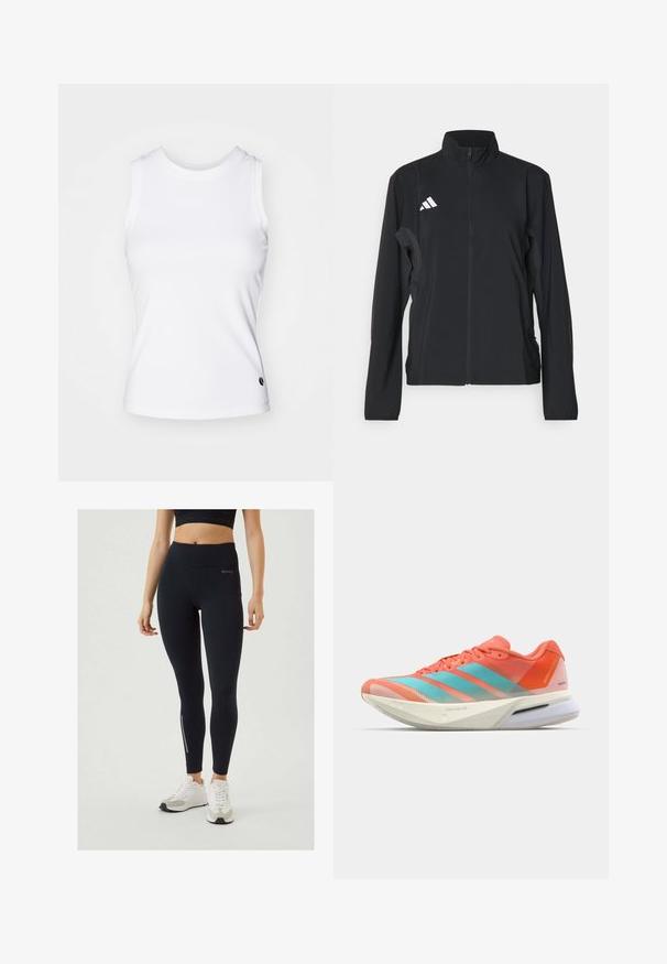 Casaco atlético preto com mangas longas, gola elevada, fecho de correr frontal completo e logótipo branco da Adidas no lado esquerdo do peito. Tecido suave e leve.; Top branco sem mangas feito de tecido suave, com decote arredondado e um pequeno logótipo preto na bainha. Design simples, sem padrões.; Björn Borg RUNNING - Leggings - black; Sapatilha de corrida com um upper em malha respirável nas cores coral e aqua, apresentando três riscas, uma sola almofadada e um design elegante.