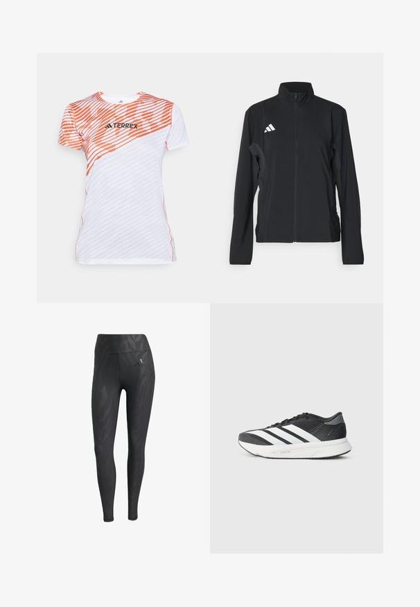 Chaqueta atlética negra con mangas largas, cuello alto, cremallera frontal completa y logo blanco de Adidas en el lado izquierdo del pecho. Tejido suave y ligero.; Camisa atlética de manga corta blanca y naranja con un patrón de rayas en diagonal y el logo "TERREX" en el pecho.; Leggings negras con un patrón de cebra tonal, de cintura alta, textura suave y un logo de Adidas en la cadera izquierda. Confeccionadas con tela elástica.; Zapatilla deportiva negra con franjas blancas, parte superior de malla, suela acolchada y un diseño elegante. Acentos en gris en el talón y la lengüeta.