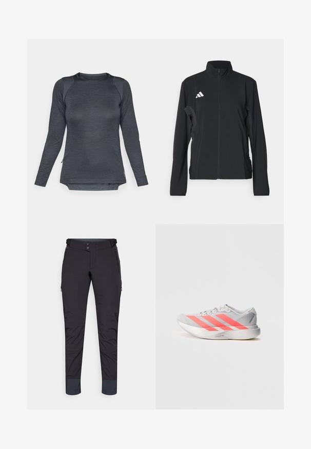 Crna sportska jakna dugih rukava, s visokim ovratnikom, punim prednjim zatvaračem i bijelim Adidas logom na lijevoj strani prsnog koša. Glatka, lagana tkanina.; Majica dugih rukava za sport u tamnosivoj tkanini s teksturiranim dizajnom, zaobljenim izrezom i bočnim prorezima za poboljšanu pokretljivost.; Crne tehničke hlače glatke teksture, s džepovima na patentni zatvarač i suženim nogavicama. Sadrže dvostruko zakopčavanje i ojačane manžete.; Sive tenisice s svijetlo ružičastim prugama, lagana mrežasta gornja površina, reflektirajući detalji i teksturirana potplata za prianjanje.